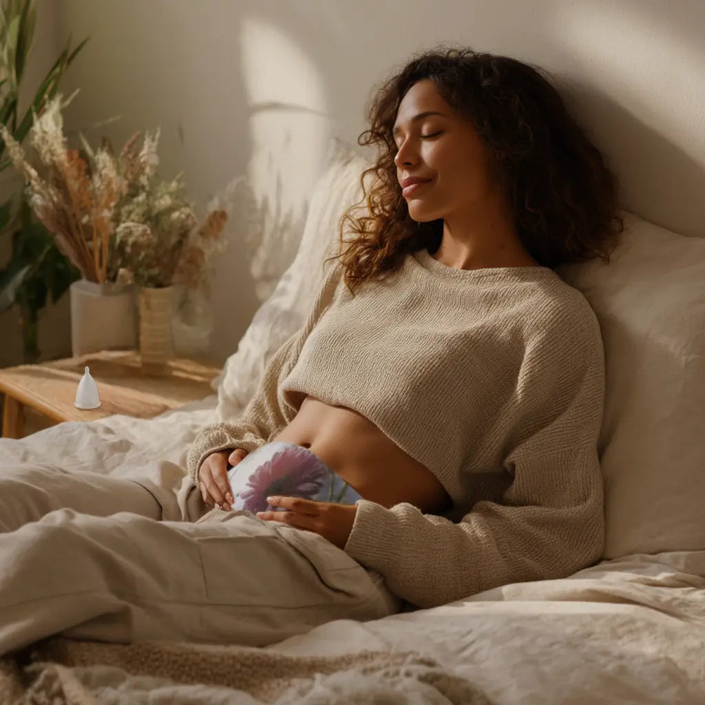 Mujer descansando con cojín anticólicos y copa menstrual
